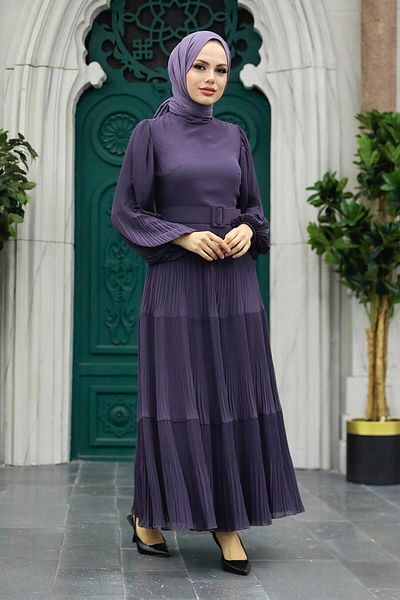 Neva Style Rochie hijab liliac închis cu curea 3590klıla