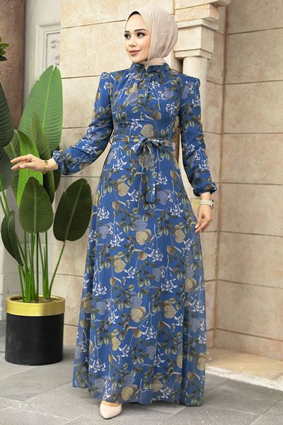 Neva Style Φόρεμα Hijab με λουλουδάτο σχέδιο Indigo Blue 279327 είμαι
