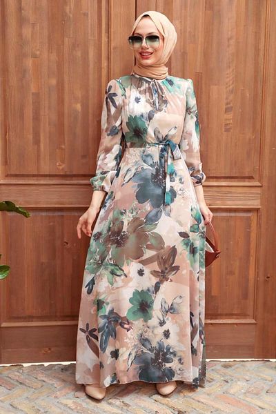 Neva Style Rochie Hijab Bej cu Motiv Floral 27925bej