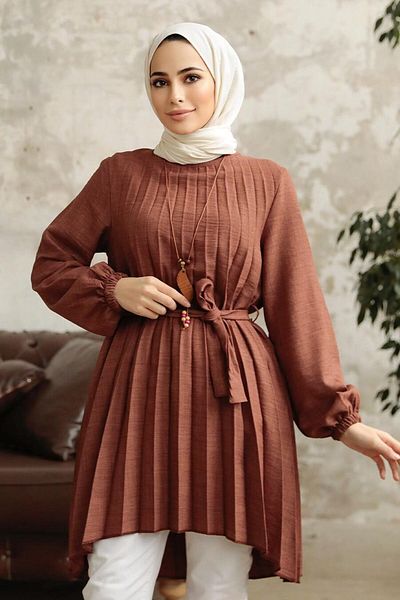 Neva Style - تونيك حجاب بني مطوي 41233kh