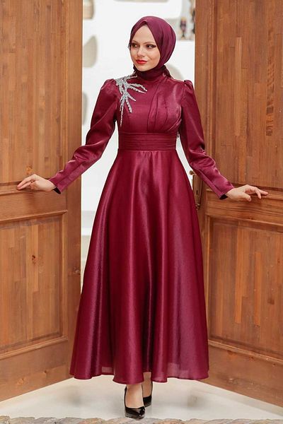 Neva Style Rochie de seara cu hijab - Rochie de seara musulmana din satin burgundy 22301br