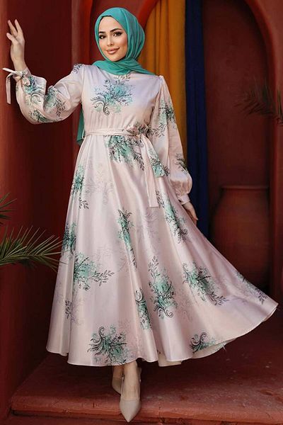 Neva Style Rochie Hijab cu Motiv Floral Culoare Menta - 60911MINT