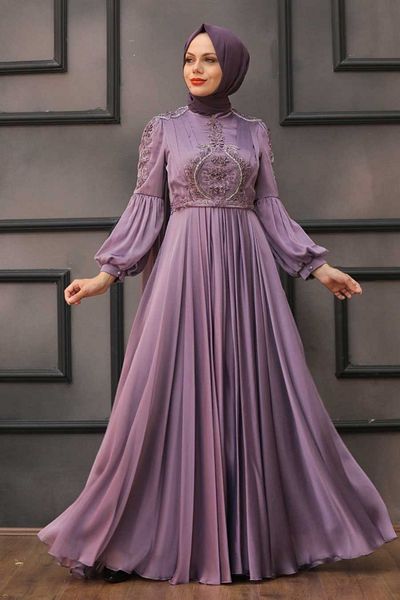 Neva Style Lilac Hijab Evening Dress with Cape 2212Lıla