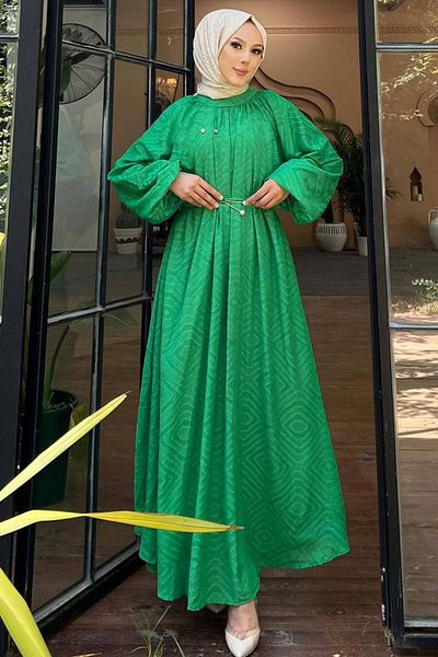 Neva Style Φόρεμα Hijab με Σμαραγδένιο Πράσινο Σχέδιο - 14291ZY