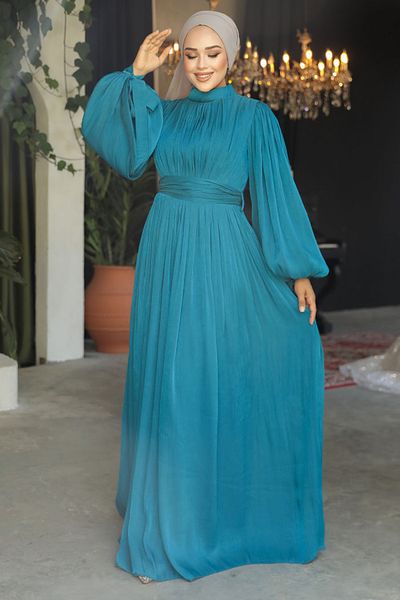 Neva Style Rochie de seară hijab albastru petrol plisat 25890pm