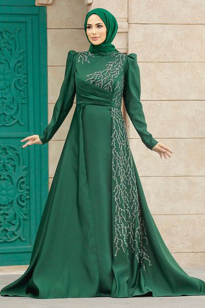Neva Style Beaded Emerald Green Hijab Evening Dress 2295Zy