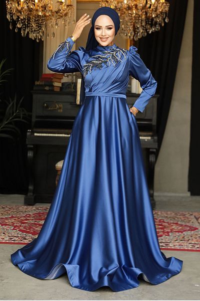 Neva Style Βραδινό φόρεμα με χάντρες Indigo Blue Satin Hijab 22401ım