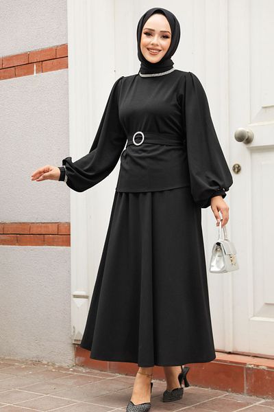 Neva Style Set dublu cu centură și fustă hijab neagră 20024s