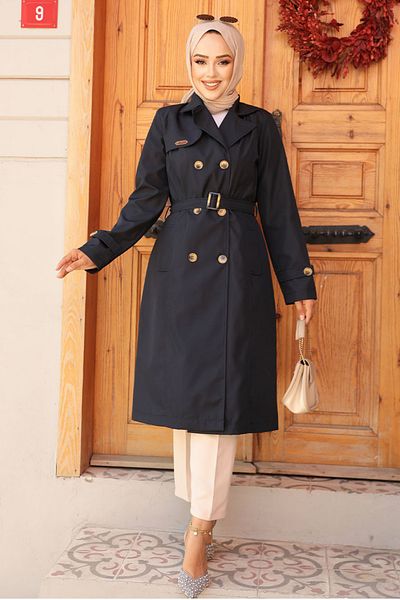 Neva Style Μπλε ναυτικό Hijab Trench Coat - Με ζώνη, Μοντέλο 60500L