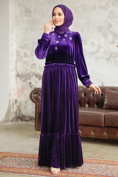Neva Style - Rochie mov din catifea hijab cu detaliu flori 3713violet