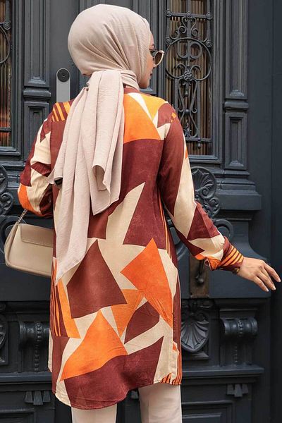 Neva Style تونيك حجاب فيسكوز - منقوش وبني، موديل 11682KH