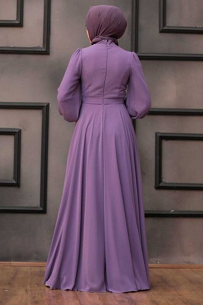 Neva Style Rochie de seara cu hijab - Rochie de seara musulmana liliac cu maneca balon 22040lila