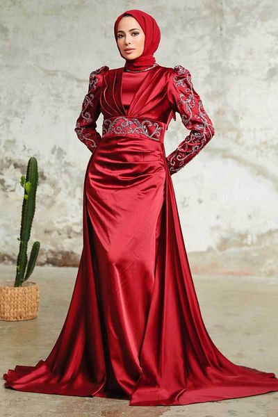 Neva Style Burgundy Satin Hijab Evening Dress with Tail 2282Br