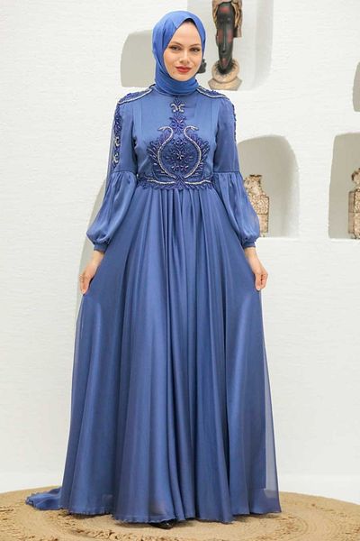 Neva Style Μπλε Indigo Hijab Βραδινό Φόρεμα με Μανδύα 2212ım