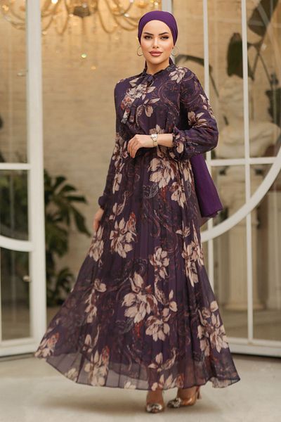 Neva Style Rochie Hijab Mov Inchis Cu Motiv Floral 50355KMOR