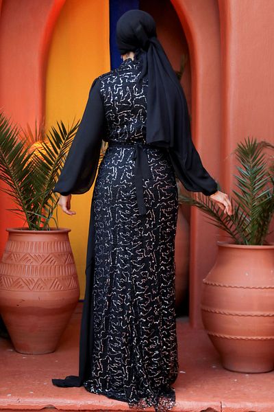 Neva Style Rochie de seară hijab argintiu cu paiete cu paiete din șifon 5516 g
