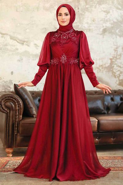 Neva Style Rochie de seara Hijab - Rochie de seara Hijab din satin burgundy cu margele 25822br