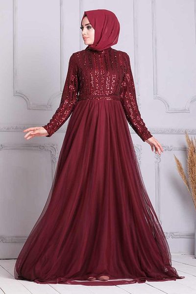 Neva Style Βραδινό φόρεμα με παγιέτες μπορντό Hijab 5338br