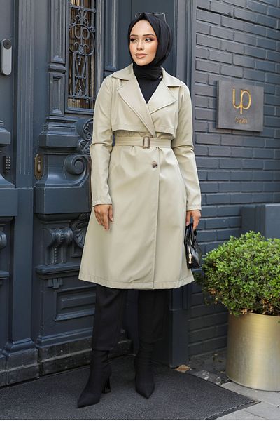 Neva Style Light Khaki Hijab Trench Coat with Buckle Belt 59371Ahk