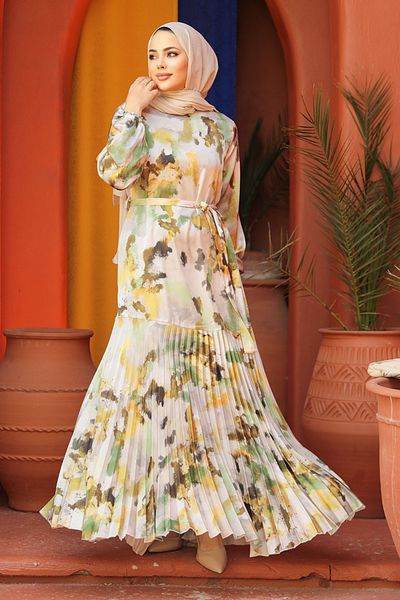 Neva Style Pistachio Green Patterned Hijab Dress - 4539FY