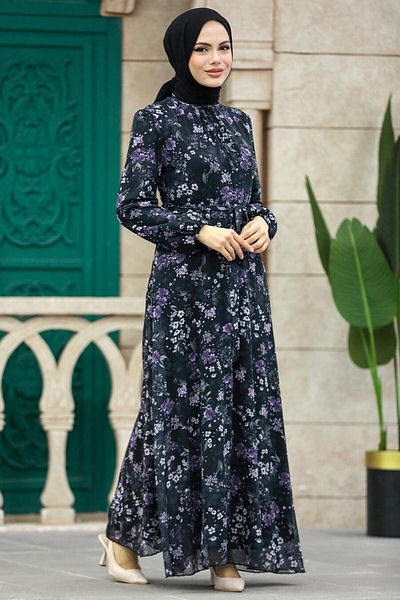 Neva Style - Rochie Hijab Neagră cu Motiv Floral 279044 s