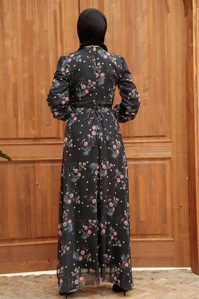 Neva Style Rochie neagră cu hijab cu modele florale 279026 s