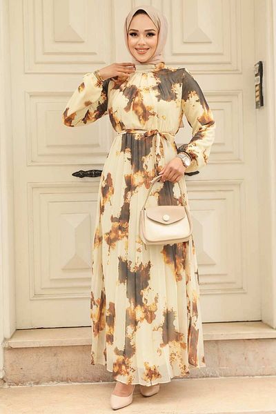 Neva Style Mustard Patterned Hijab Dress - 34461HR