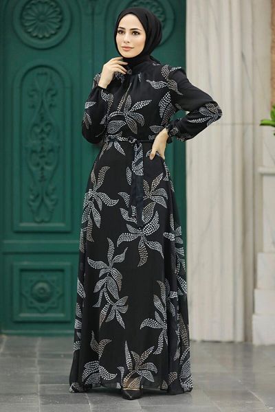 Neva Style - Rochie Hijab neagră cu model de frunze 279310 s