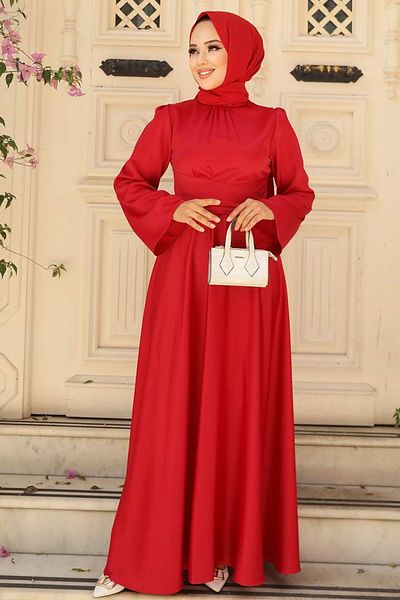 Neva Style فستان سهرة حجاب - فستان سهرة حجاب ساتان أحمر 6105k
