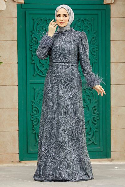 Neva Style Rochie de seară hijab antracit argintiu 2323ant