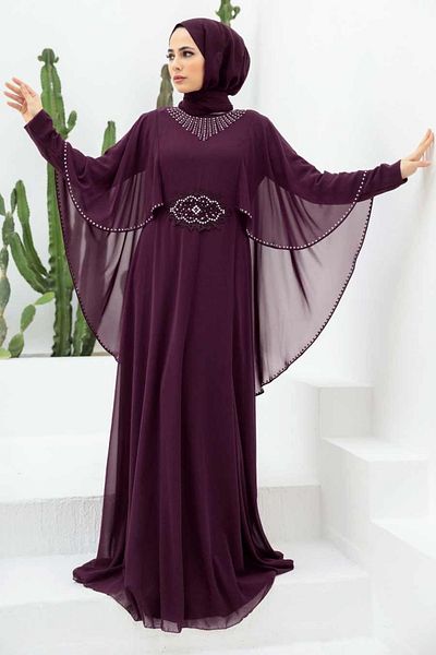 Neva Style Purple Hijab Evening Dress with Cape 91501Purple