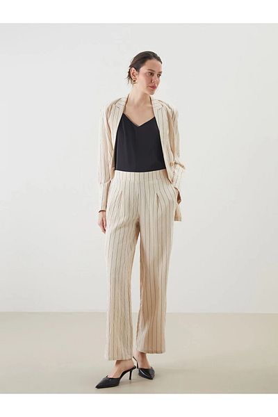 LC Waikiki LCWAIKIKI Κλασικό μπεζ ελαστικό γυναικείο παντελόνι με ρίγες