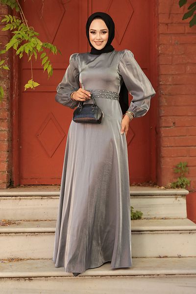 Neva Style Bead Detailed Gray Hijab Evening Dress 23301Gr