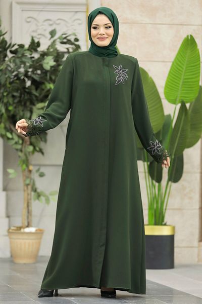 Neva Style فستان حجاب كاكي مزين بالزهور 62533hk