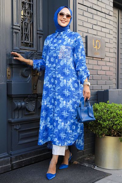 Neva Style تونيك حجاب منقوش باللون الأزرق ساكس - 10539SX