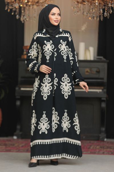 Neva Style Rochie musulmană neagră cu imprimeu floral 23172S
