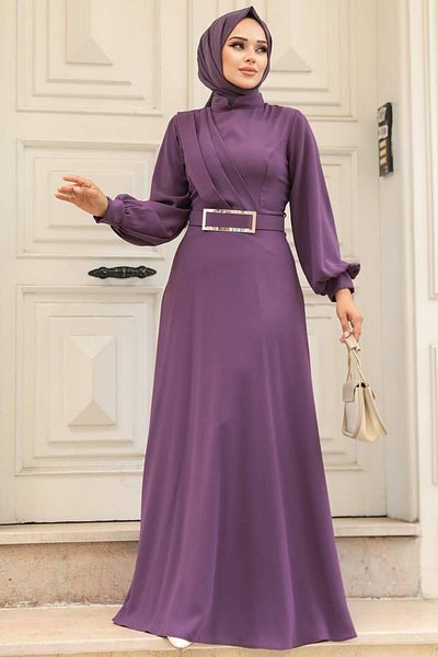 Neva Style - Rochie Hijab Liliac Inchis Cu Curea Cu Catarama 3425k
