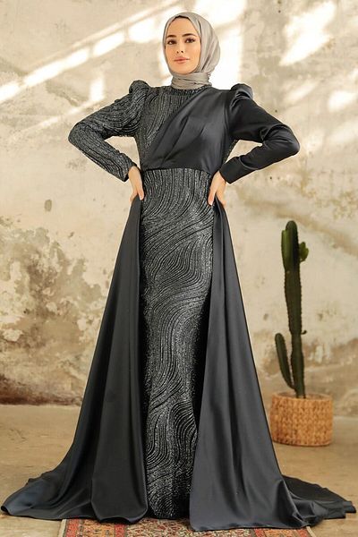 Neva Style Rochie de seara cu hijab - Rochie de seara hijab din satin antracit cu coada 22924ant
