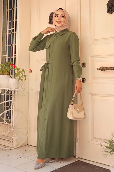 Neva Style Rochie Hijab Kaki - Nasturi, Model Nr: 12504HK