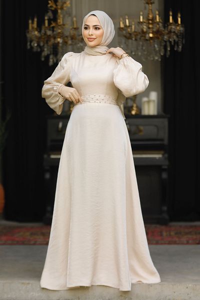 Neva Style Rochie de seară hijab bej cu detaliu de mărgele 23301bej