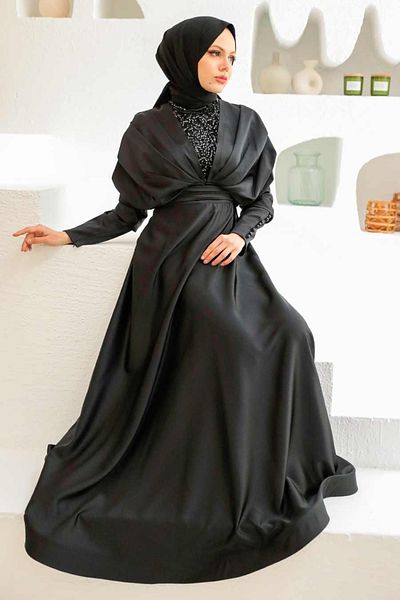 Neva Style Rochie de seara neagra cu margele brodate 22451s