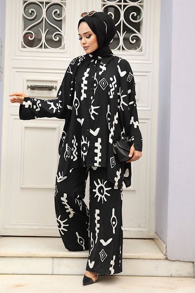 Neva Style Black Patterned Hijab Double Set - 12294S