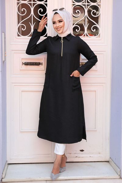 Neva Style - Tunica neagra Hijab cu buzunare 4771s