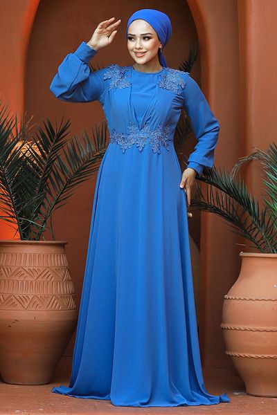 Neva Style Bead Detailed Indigo Blue Hijab Evening Dress 22113ım