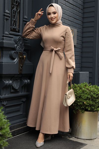 Neva Style Rochie Hijab din nurcă cu mărgele - Mânecă 23631V