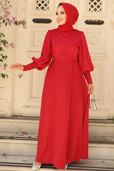 Neva Style فستان سهرة حجاب - فستان سهرة أحمر بأكمام بالونية من الساتان الحجاب 61031k