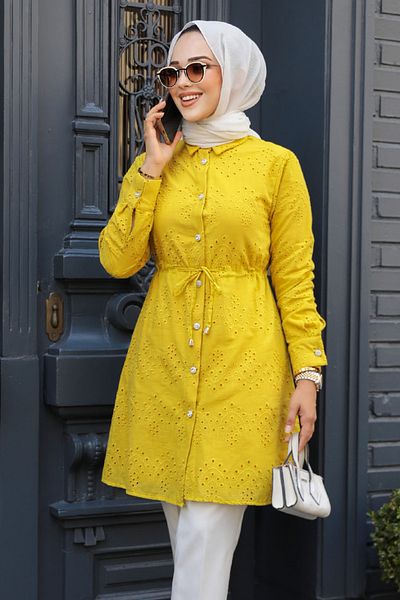 Neva Style تونيك حجاب الخردل - تفاصيل جبر، موديل 14151HR