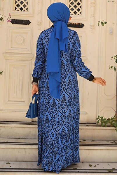 Neva Style Desenli Sax Mavisi Tesettür Elbise 2297sx