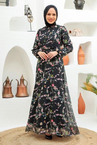 Neva Style Φόρεμα Hijab με μοτίβο λουλουδιών μαύρο 279032s