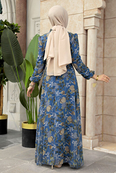 Neva Style Çiçek Desenli Indigo Mavisi Tesettür Elbise 279327ım